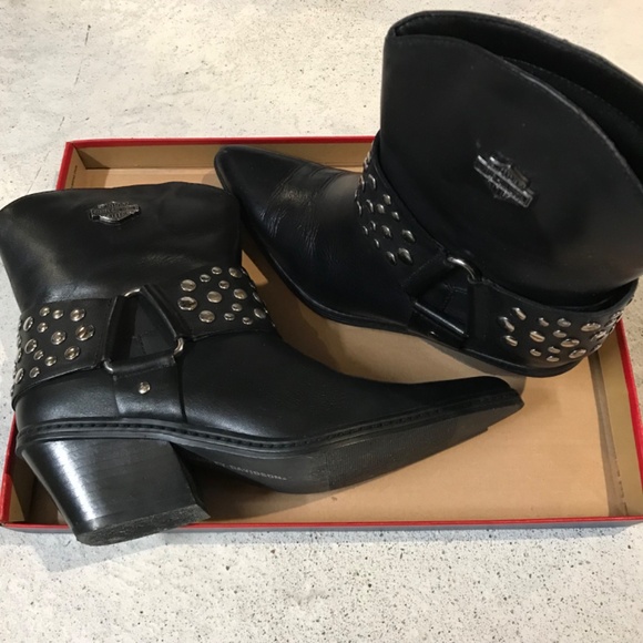 Harley-Davidson Studded Leather Moto Booties Women's Size 5.5 Black Pointy Toe - Picture 5 of 7